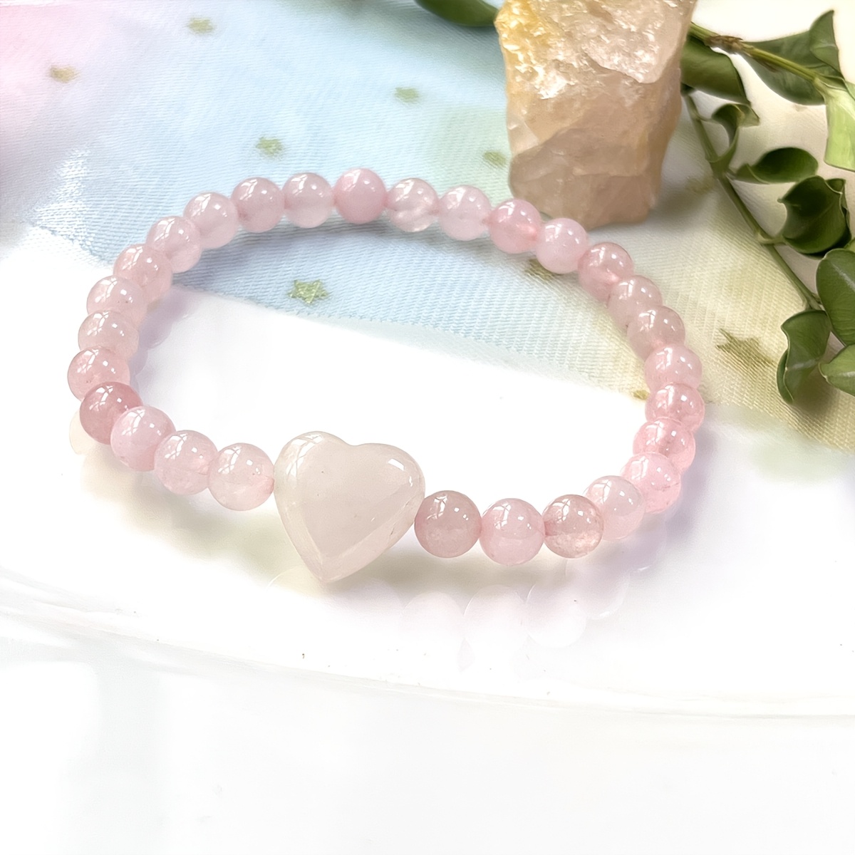 Trendy 6Mm Rose Quartz Heart Beaded Bracelet, Boho Chic